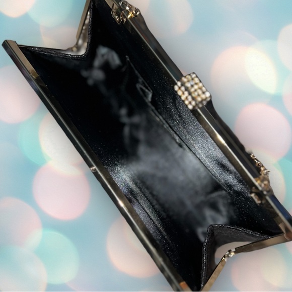 Kate Landry Women’s Black Glitter Chain Clutch Purse Handbag - Picture 5 of 6